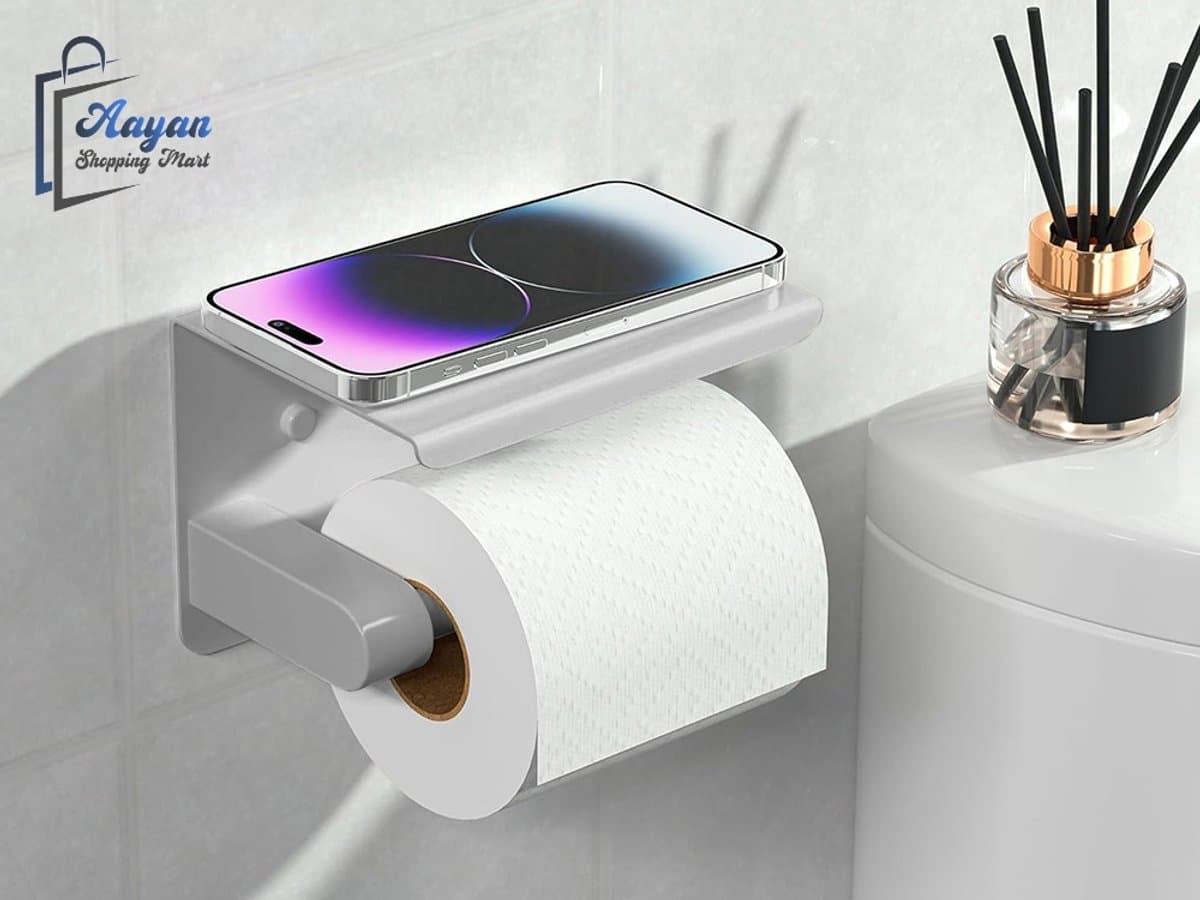 Toiletrolhouder met Telefoonplank – toiletrolhouder zwart – toiletrolhouder met plankje – Modern & Ruimtebesparend – Inclusief Bevestigingsmateriaal – toiletrolhouder zwart - 75877