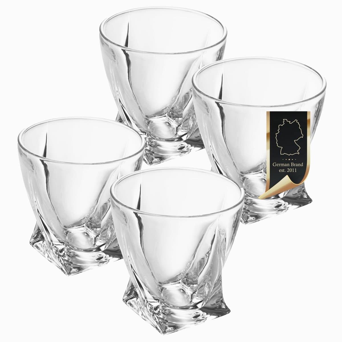 Intirilife 4x whiskyglas in CRYSTAL CLEAR 'TWISTED' - Old Fashioned Whiskey Crystal Glass Loodvrij in Sculpture Design vaatwasmachinebestendig perfect voor Scotch, Bourbon, Whisky en nog veel meer.