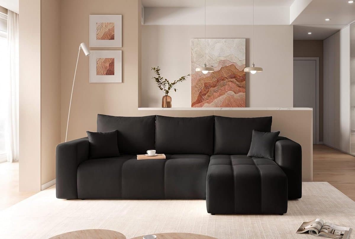 Hoekbank met Slaapfunctie en Bedlade – Luxe 3-Zits Slaapbank 145x248 cm – Comfortabele Uitschuifbare Sofa met Opbergruimte – Moderne Hoekloungebank in Zwart – Premium Kwaliteit – Novihome