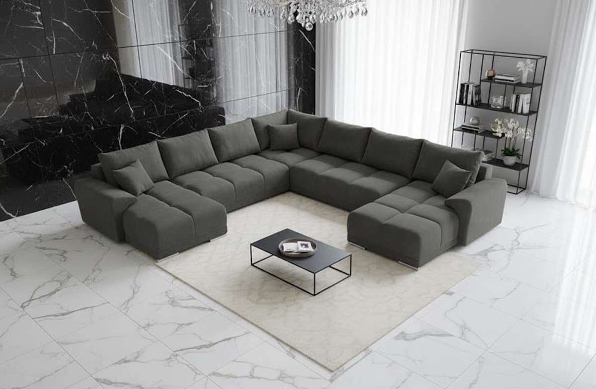 U-vormige Fluwelen Hoekbank met Slaapfunctie en Opbergruimte – Luxe Uittrekbare Slaapbank 365x189 cm – Donkergrijs Hoekbank met Bedfunctie en Kussens – Novihome
