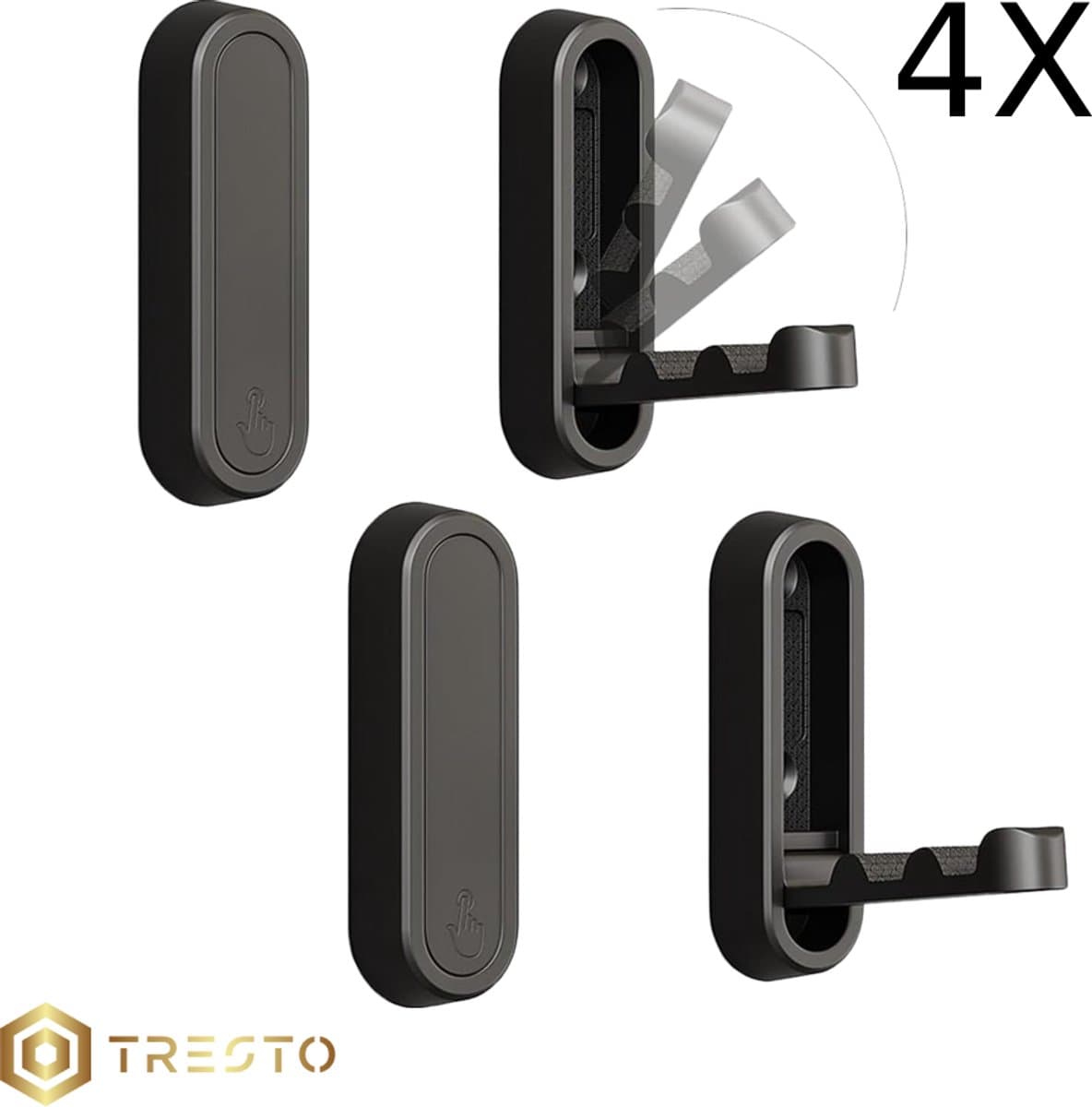 TRESTO - 4 stuks opvouwbare wandhaken - Opvouwbare haken - muurbevestiging van zinklegering - zwaar belastbare wandhaak - Badkamer haken - Keuken haken- Kapstok - Zwart