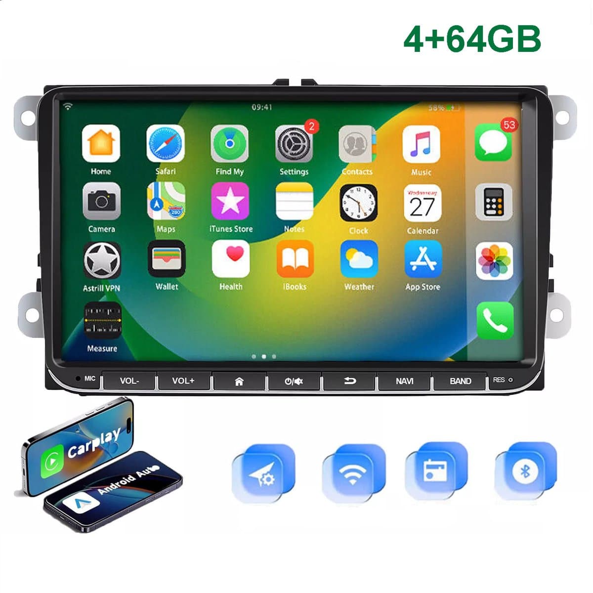 ESSGOO Autoradio - voor Volkswagen VW GOLF 5 6 Caddy Tiguan Touran Passat EOS - 4 + 64GB - 9 Inch HD Aanraakscherm - Bluetooth, USB, WiFi & MP5 - Navigatiesysteem - Apple Carplay en Android Auto