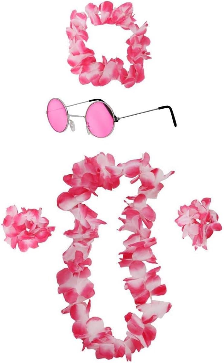 5-Delige Hawaii Set Roze: Hawaïen Bloemenkrans, Hoofdband, Armbanden en Ronde Zonnebril