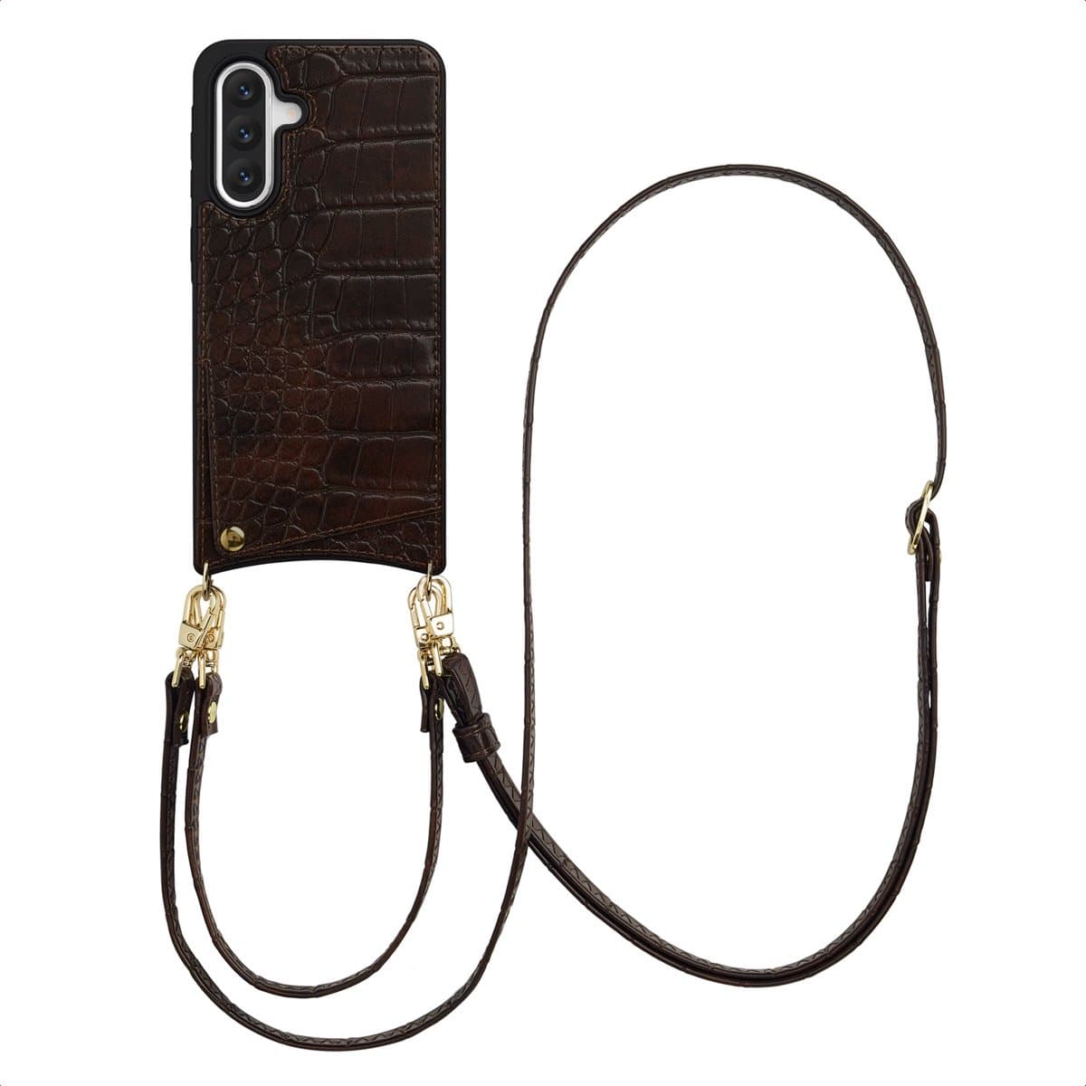 Selencia Hoesje - Geschikt voor Samsung Galaxy A36 - Croco Backcover met koord en pashouder - Choco Brown