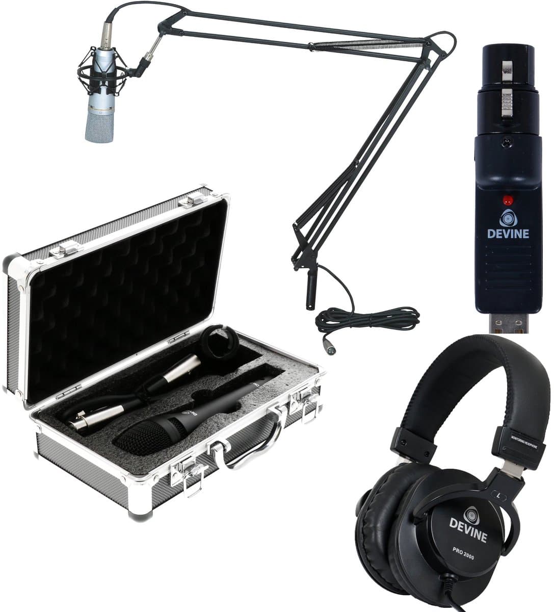 Devine DM 70 met USB-interface, koptelefoon en broadcaststatief