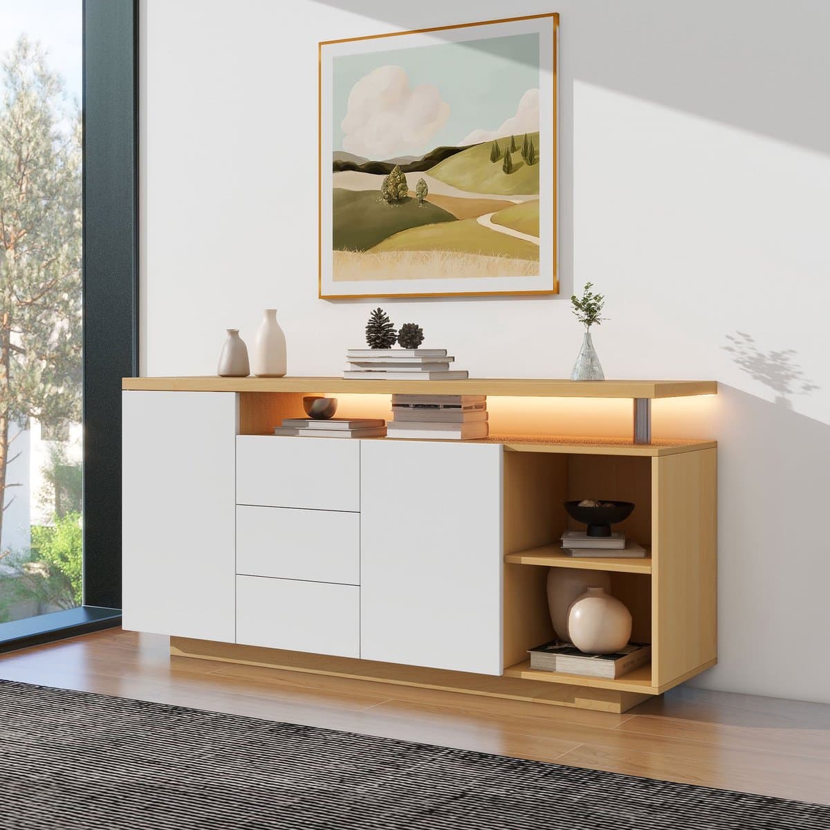 STILVORA Dressoir – Multifunctioneel Met Verstelbare Deuren En LED – 2 Deuren 3 Lades 2 Open Vakjes – Spaanplaat – 140x40x70 cm – Wit+Lichtbruin