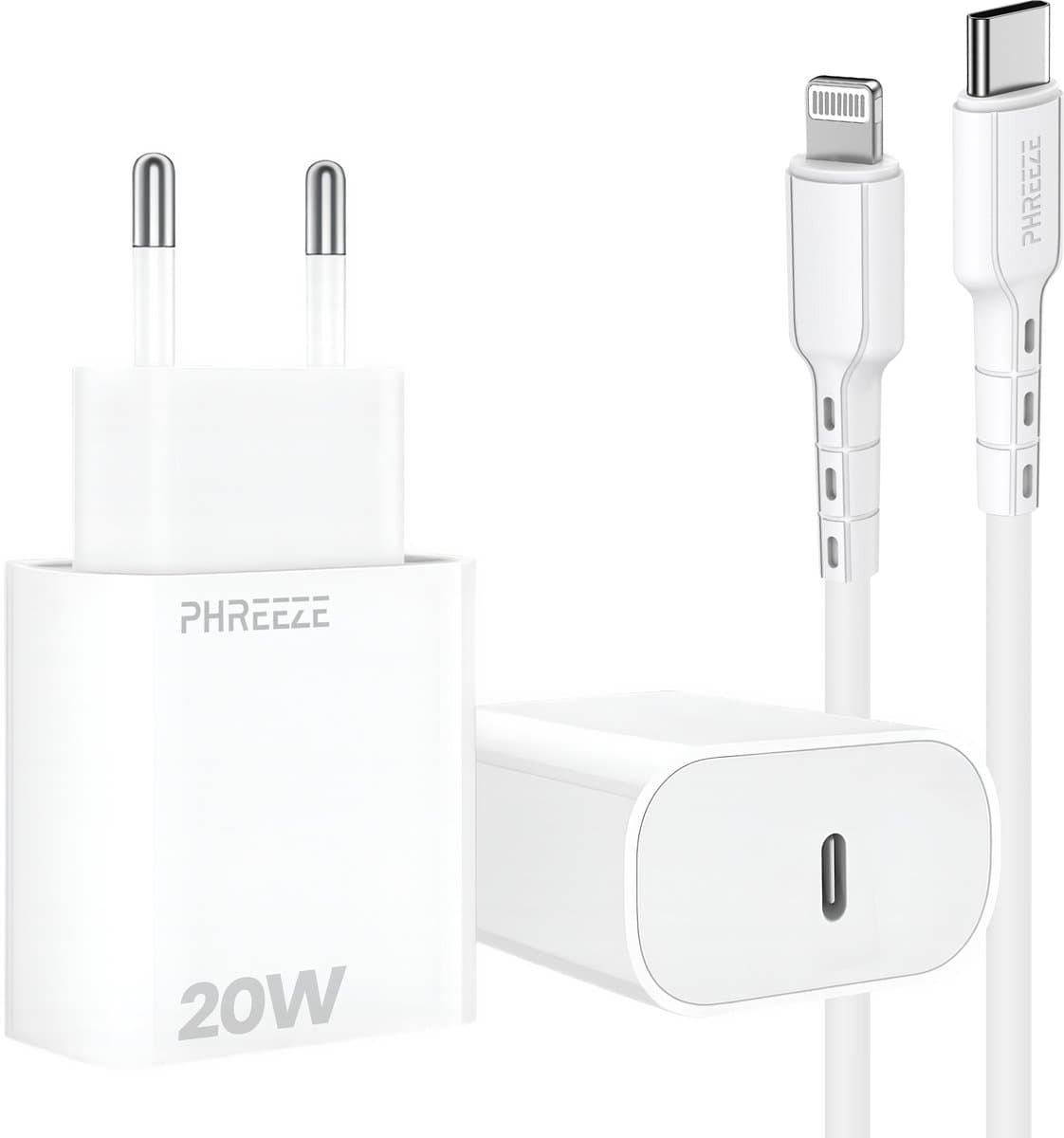 Snellader met usb C poort met geschikt voor Lightning naar usb C kabel - 20w oplader geschikt voor iPhone en iPad met oplaadkabel 1 meter wit