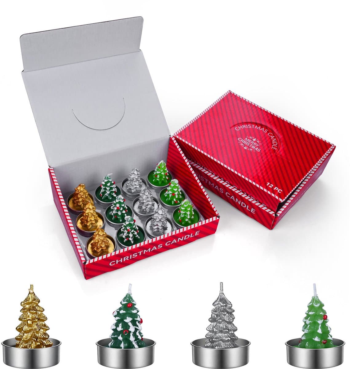 Set van 12 Kerstboom Kaarsen van MMOBIEL – Decoratieve Ongeparfumeerde Paraffinekaarsen in Goud, Zilver & Groen – Kerstdecoratie voor Binnen – Cadeau Ideeën voor Kerst