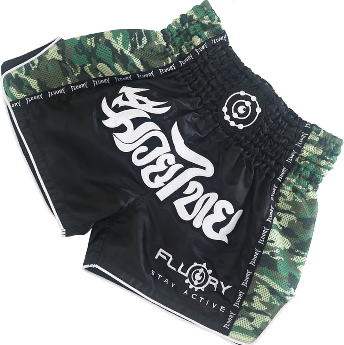 Fluory Kickboks Broekje Muay Thai Short Zwart Camo Groen - M