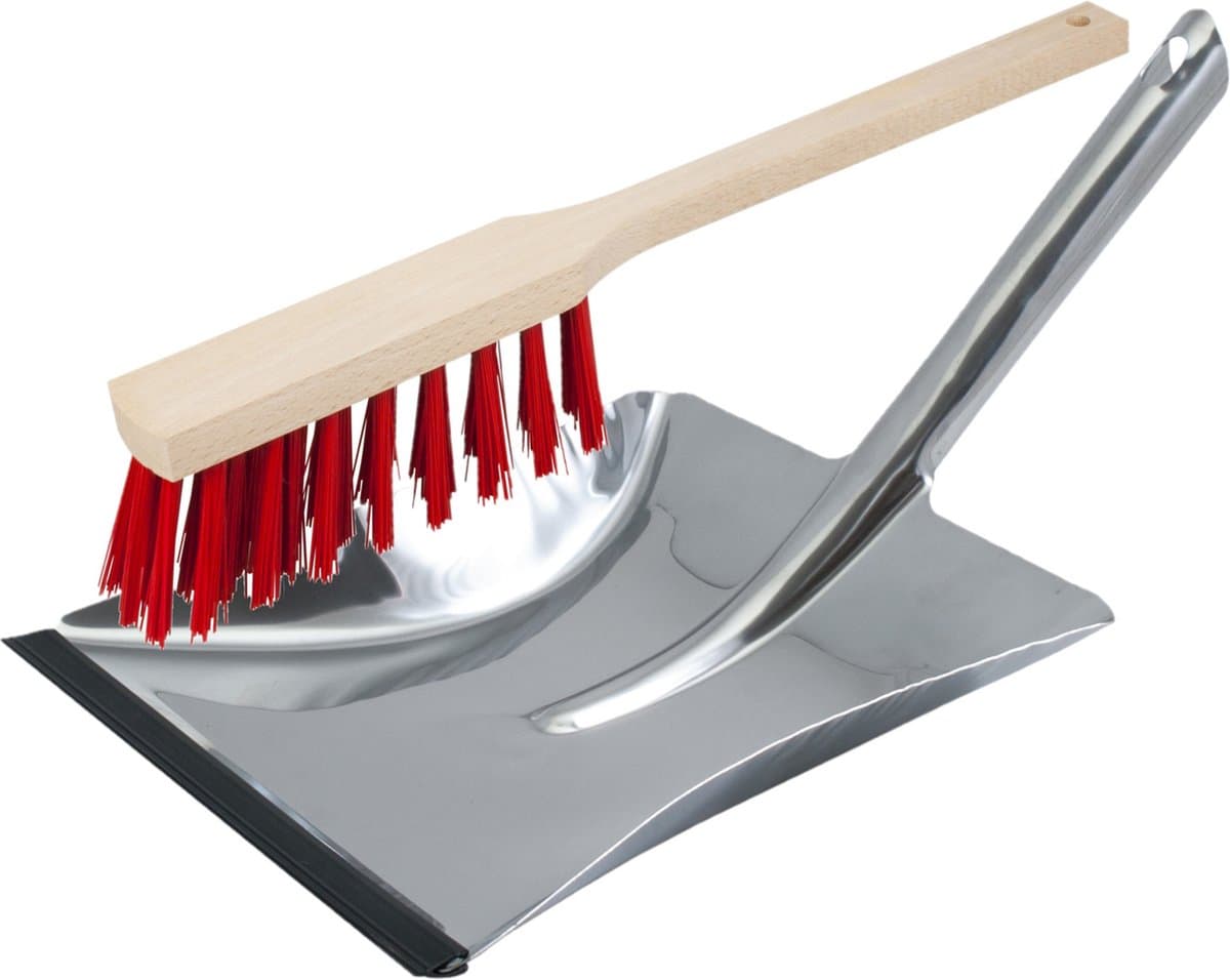 Stoffer en blik zilver/rood van RVS/hout inclusief lip voor buiten
