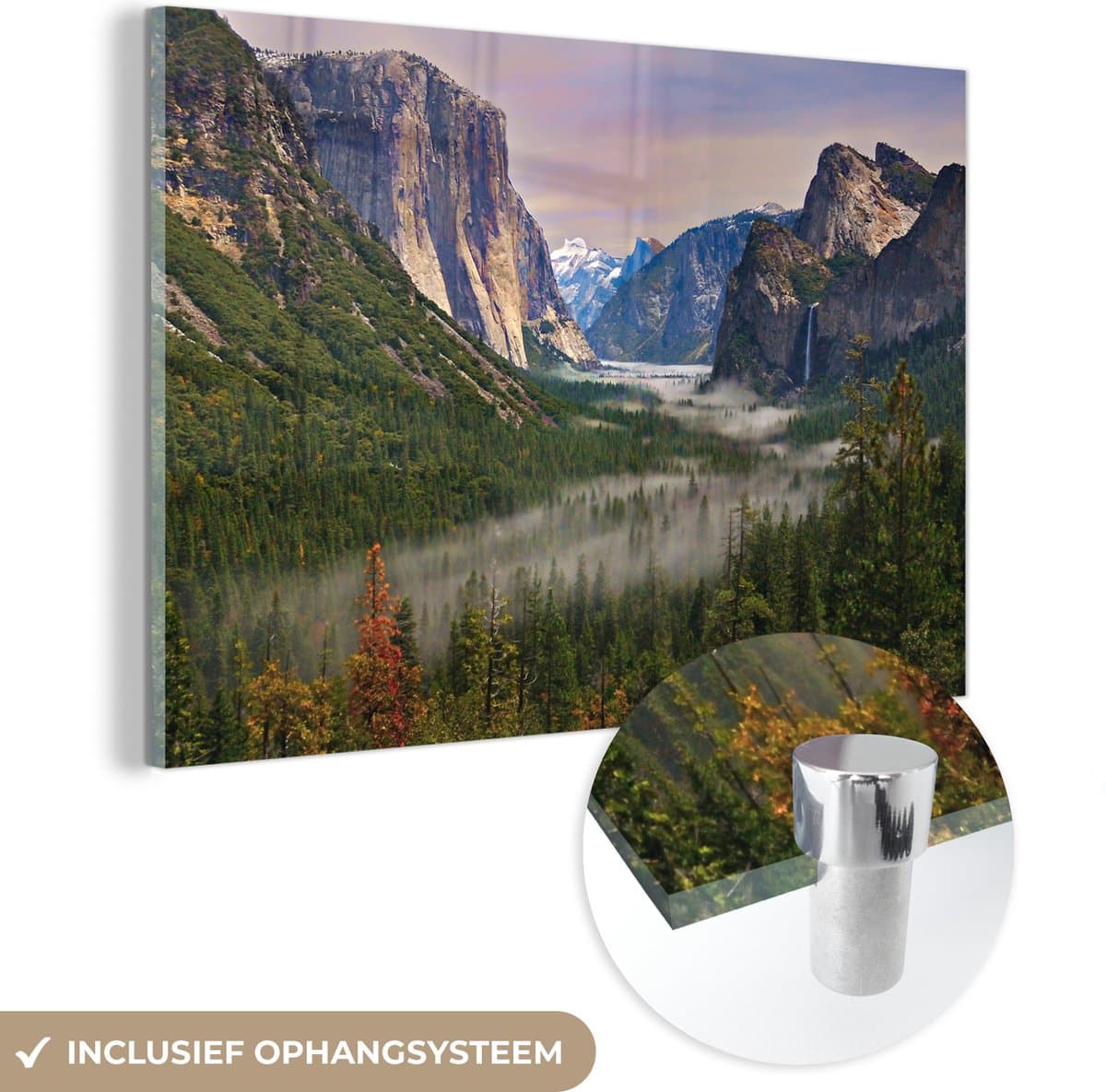 ® Glasschilderij 60x40 cm - Schilderij acrylglas - De schemering bij het Nationaal park Yosemite - Foto op glas - Muurdecoratie woonkamer - Wanddecoratie slaapkamer - Schilderijen