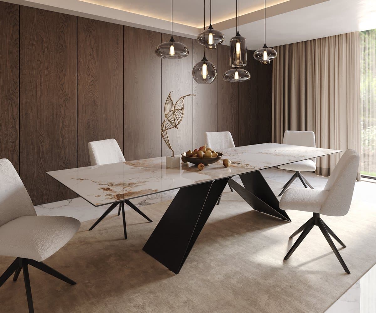 Eetkamertafel Edge keramiek Minas Melange wit-beige 300x100 V-frame vlak staal zwart