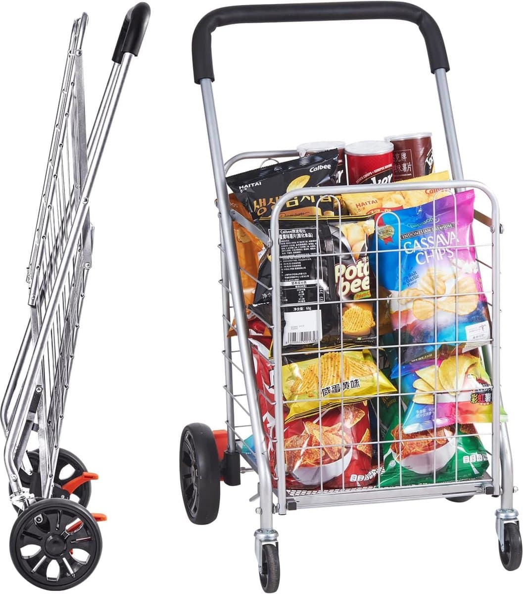 LifeStages® Opvouwbare boodschappentrolley Maximale belasting 49,9 kg Boodschappentrolley met 4 zwenkwielen Opvouwbare heavy duty compacte lichtgewicht boodschappentrolley Zilver