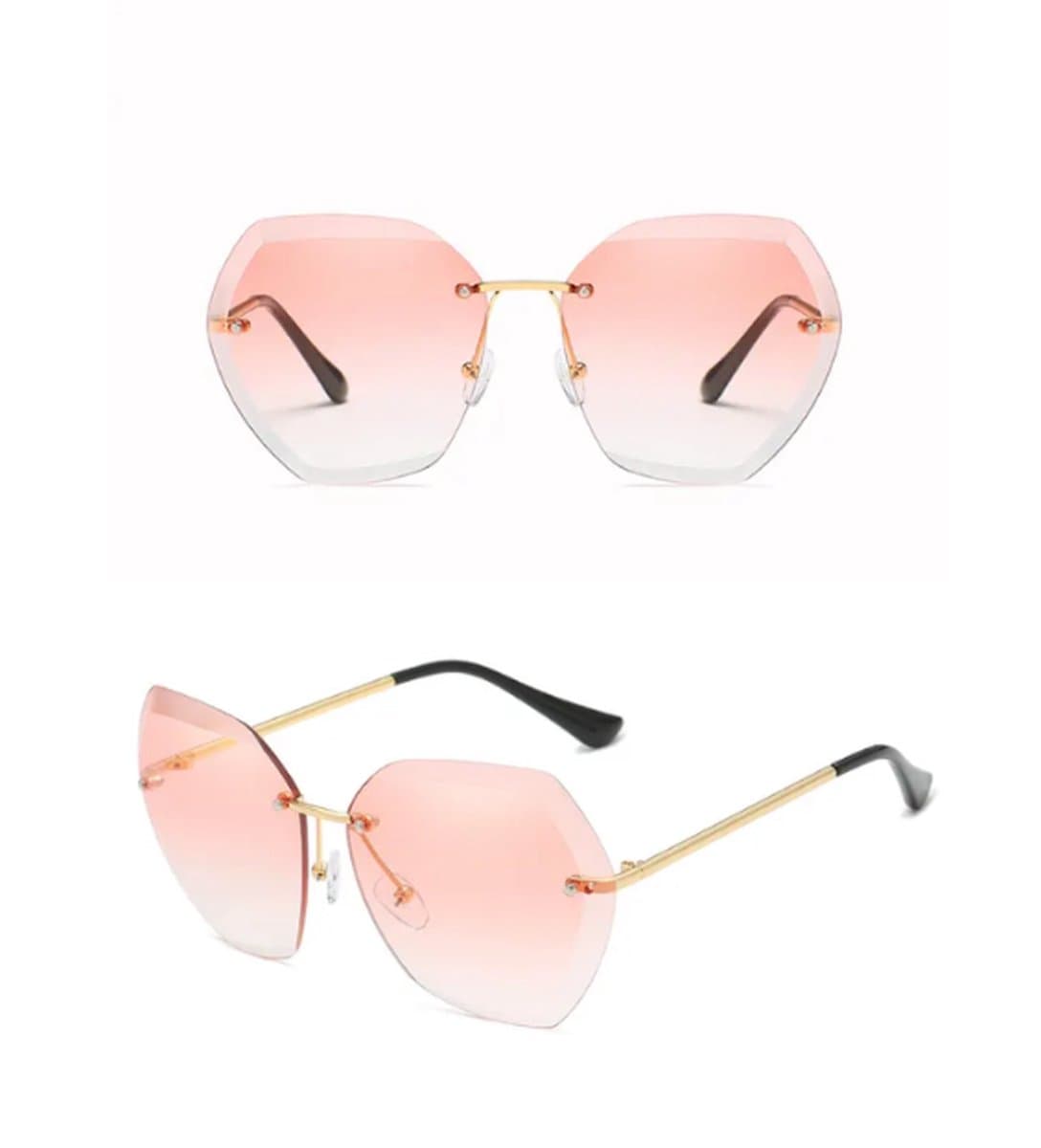 ASTRADAVI Zonnebril - Vintage Pentagon Vorm - Randloos Lenzen - Roze Champagne & Gouden Montuur