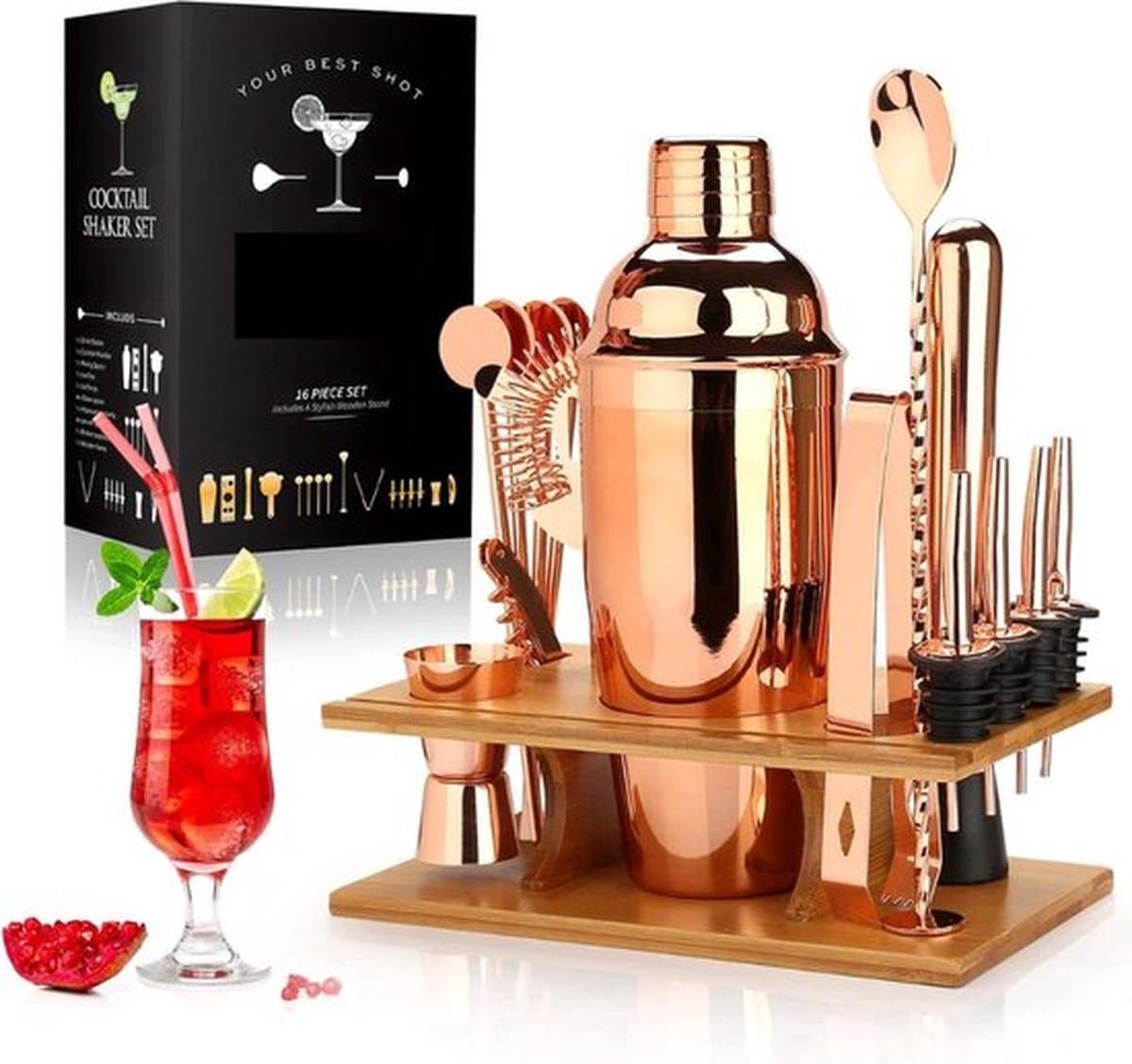 Cocktail Set - 16 Delig - Cocktail Shaker - Cocktail Lepel - Barman Set - Rose-Goud