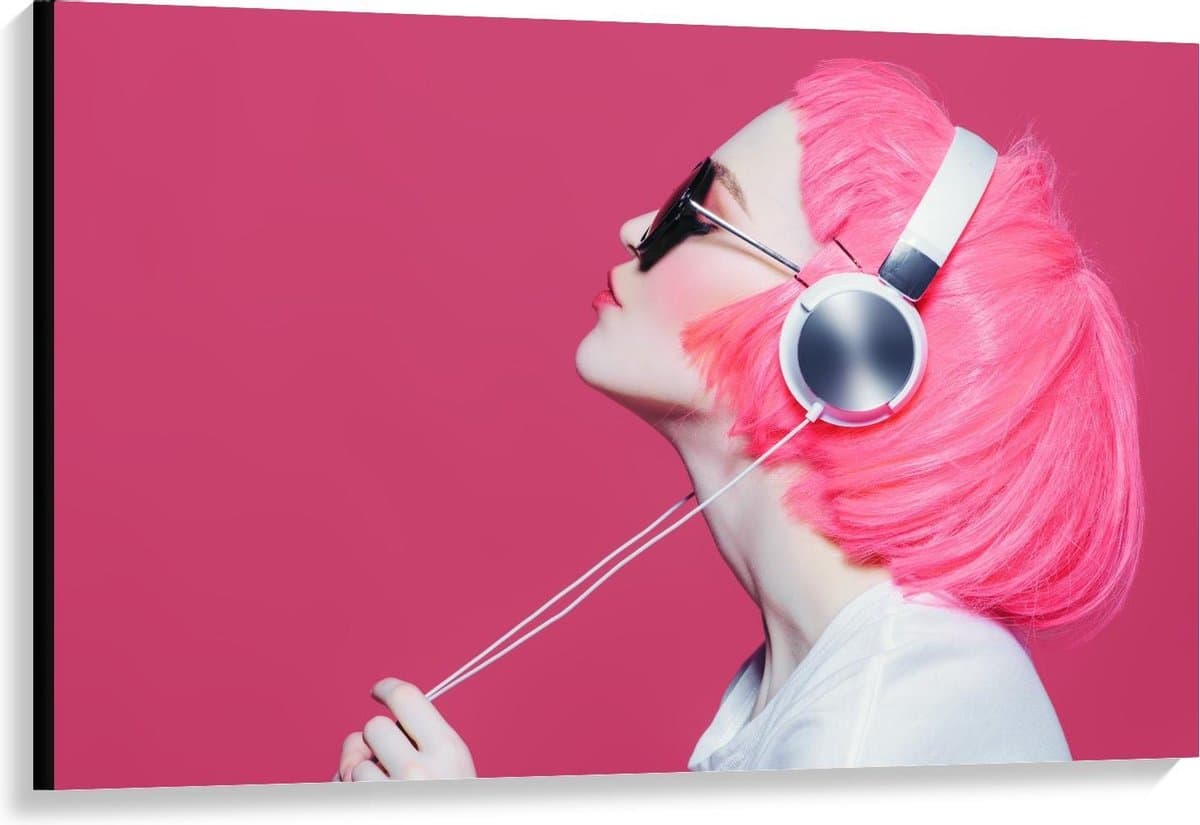 Canvas - Vrouw met Roze Haar en Koptelefoon - 120x80cm Foto op Canvas Schilderij (Wanddecoratie op Canvas)