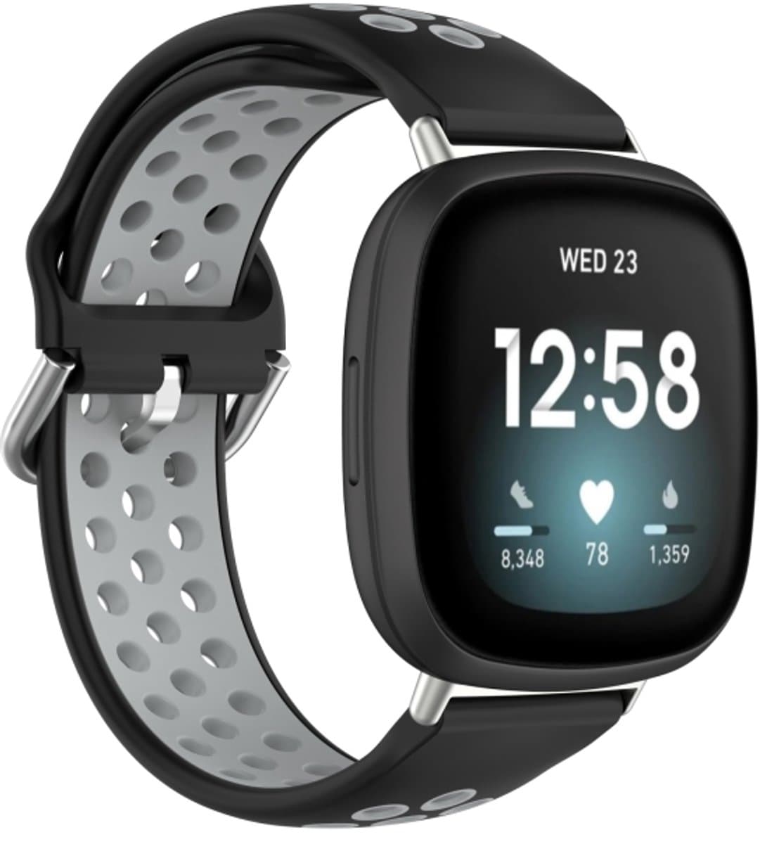 Voor Fitbit Versa 3 tweekleurige geperforeerde ademende siliconen horlogeband (zwart + grijs)