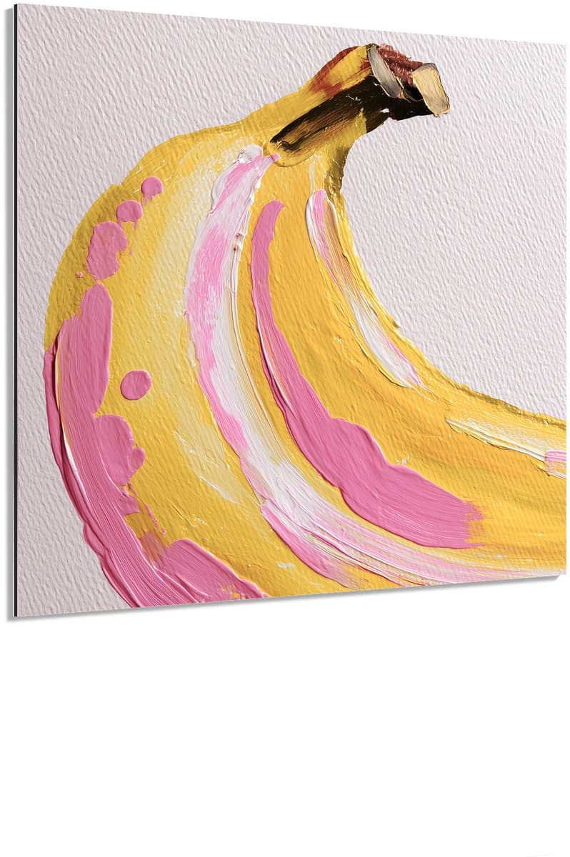 Roze banaan schilderij geel - Schilderij 120x120 cm - Wanddecoratie op Aluminium Dibond - Aluminium Wandpaneel