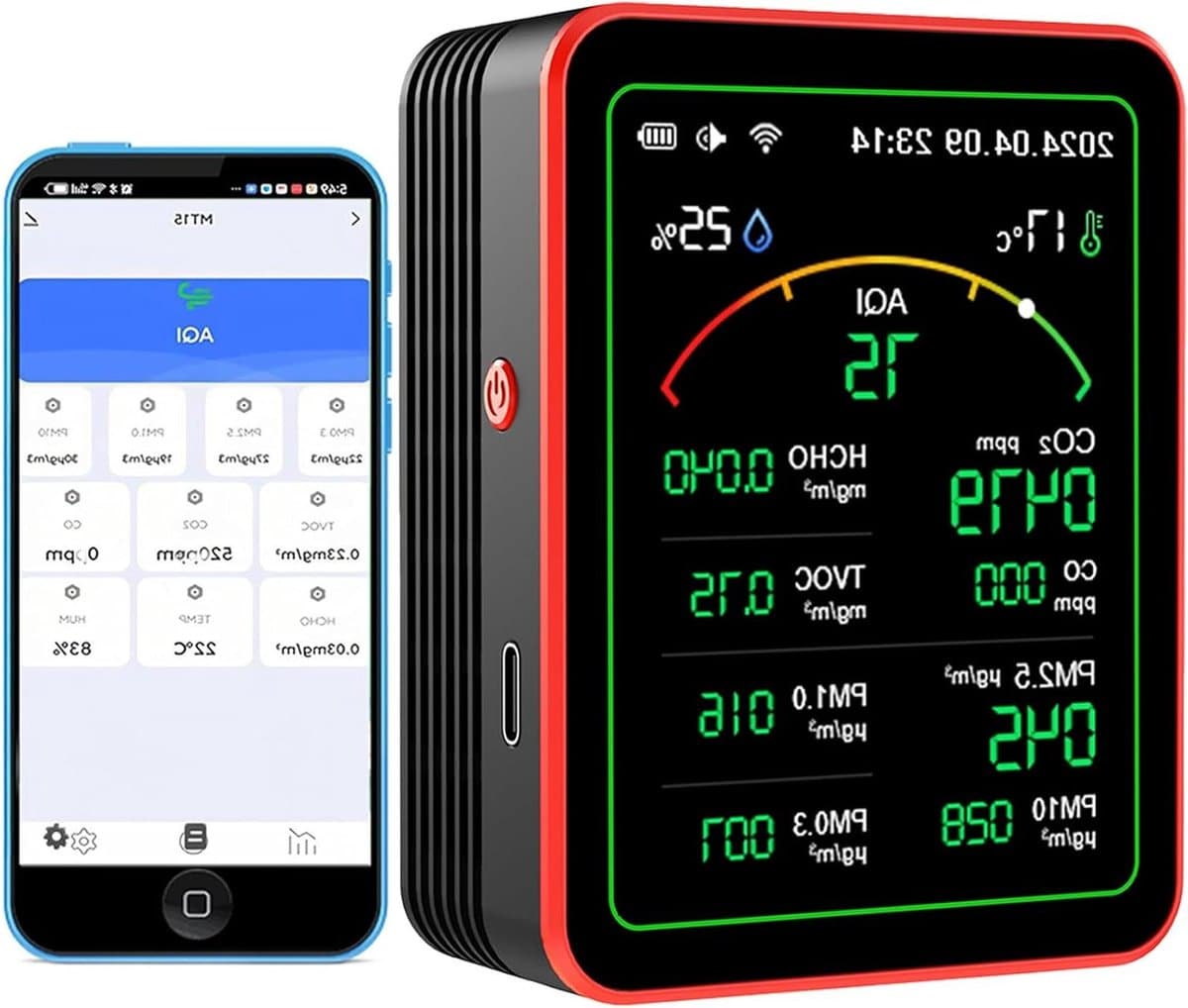 Luchtkwaliteit Monitor - Luchtmeter App - Binnenklimaat Meten - 15-in-1 Detectie - 90 x 70 x 35 mm - Zwart