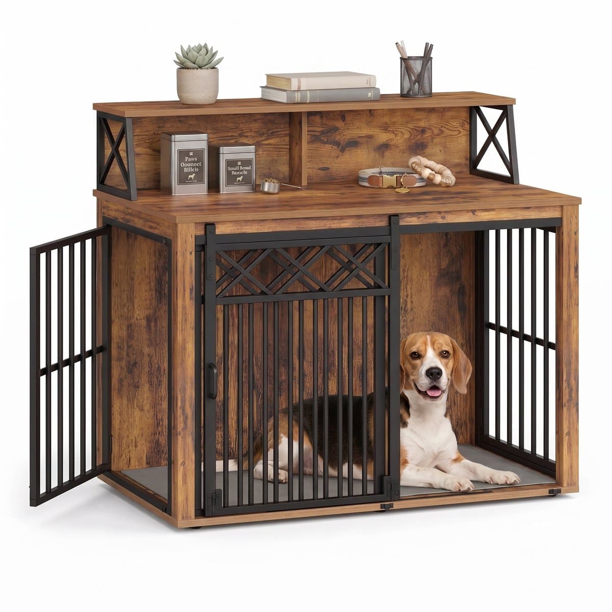 Aiverig® Hondenbench Hout Meubel – Met Dak & Opbergruimte – Hondenhok voor Binnen & Hondenkooi – Met Opbergplank & Anti-knaag Sloten – Voor Middelgrote Honden – Bruin – 100×60×86 CM