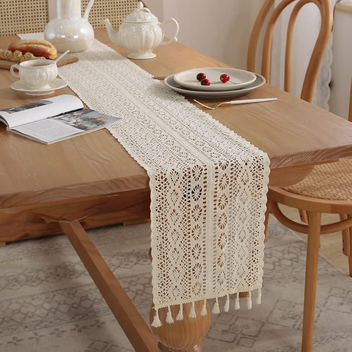 Tafelloper met kwastjes, boho-decoratie, rechthoekige gehaakte kant, mesh tafelkleed voor rustieke boho-bruiloftsdecoratie, bruid en baby, keuken, vintage boerderij