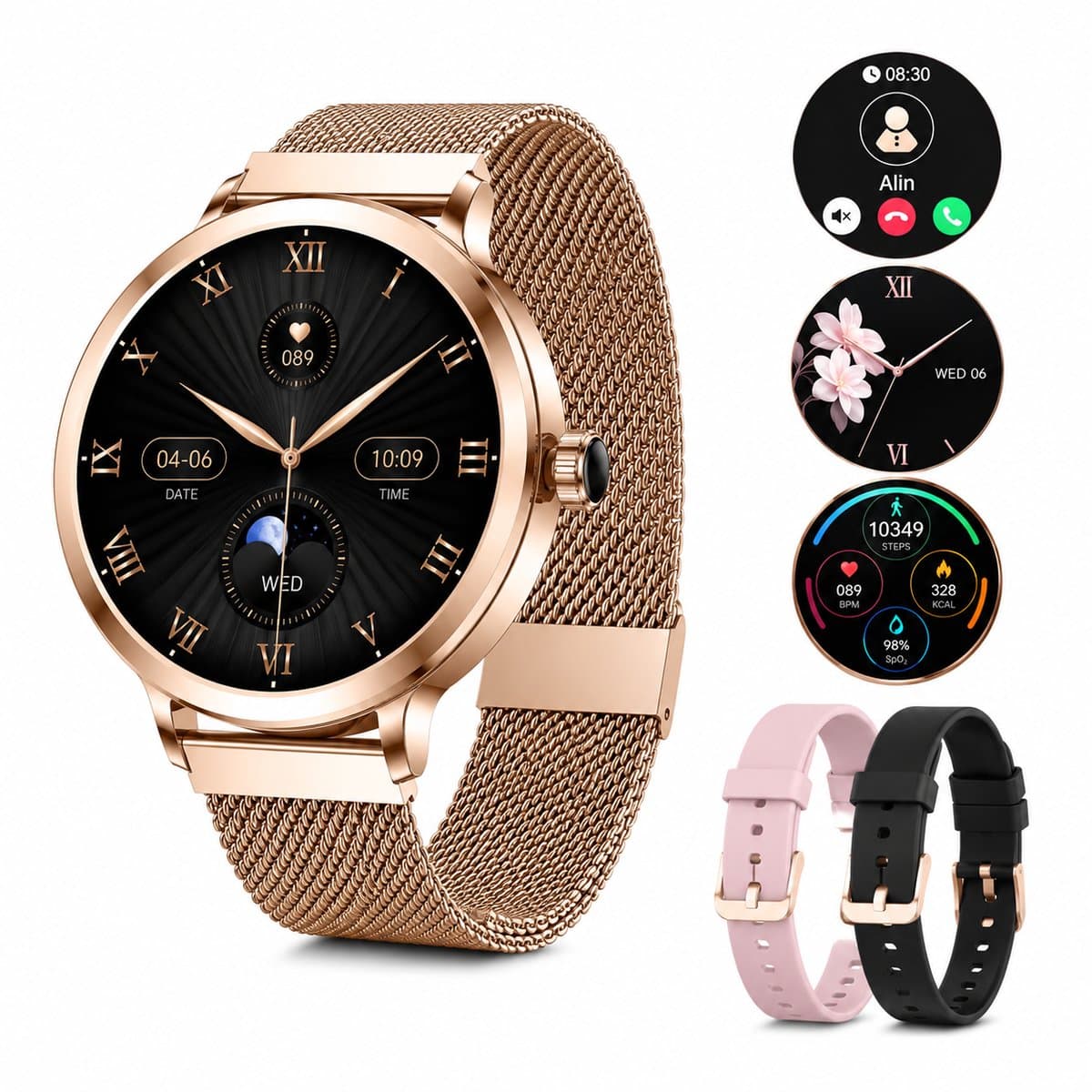 Golden Sound AMOLED Smartwatch Dames - 3 extra bandjes - Horloge dames - Geschikt voor elke laptop en smartphone - Stappenteller - Slaapmonitor - Saturatiemeter - 42mm
