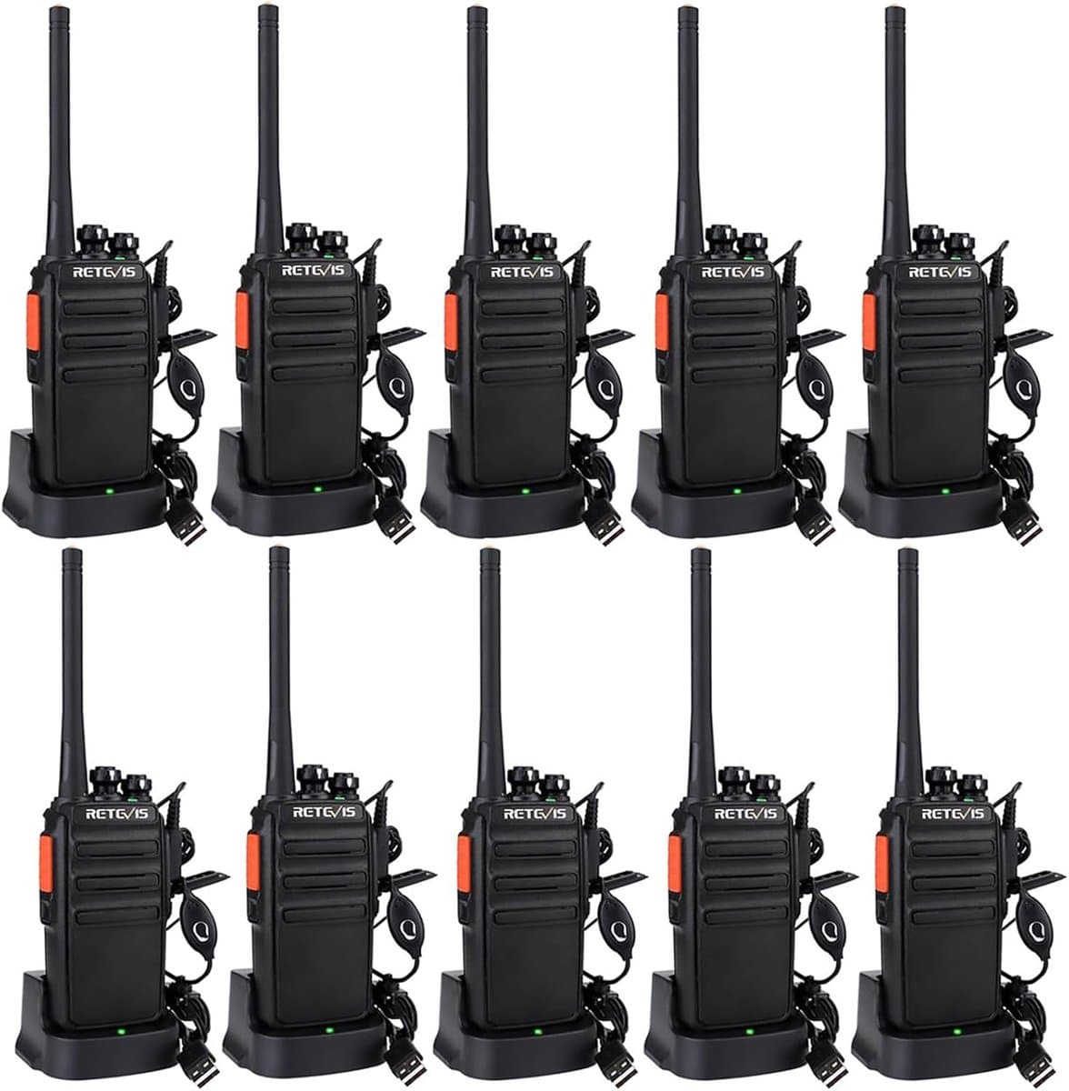 Portofoonset voor beveiliging Retevis RT24- Walkie Talkie- PMR446 Vergunningsvrije- VOX- 16 Kanalen- CTCSS/DCS- Professionele Walkie Talkies - met Headset en USB-laadstation-10 Stuks - Zwart