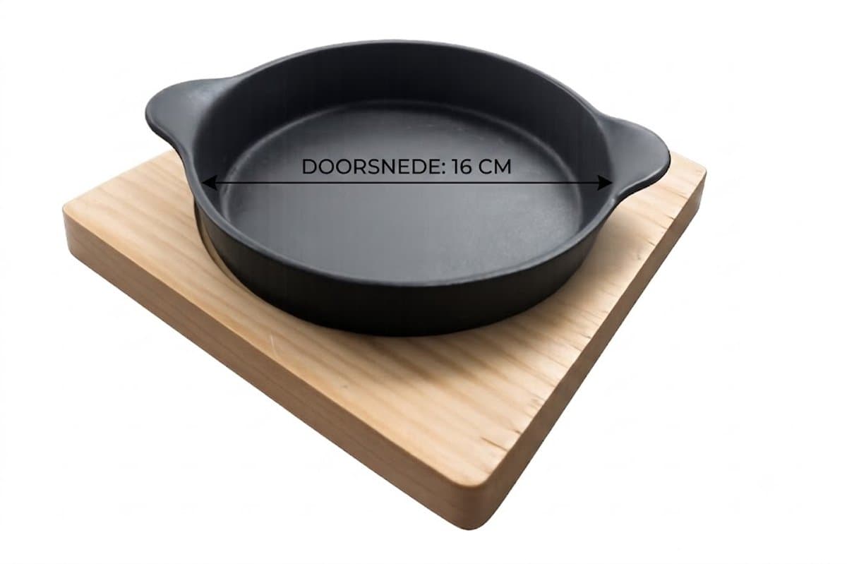 M.T.C© Gietijzeren pannetje-Kleine pan-Seveerpan-Houten onderzetter-Kamado-Dutch oven-BBQ