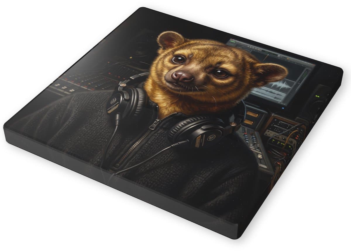 Canvas schilderij 30x30 cm Kinkajoe Muziek Producer met Koptelefoon Wanddecoratie Dieren DJ in Studio met Mengpaneel Muziek Kunst aan de Muur Cadeau voor Muzikanten en Producers
