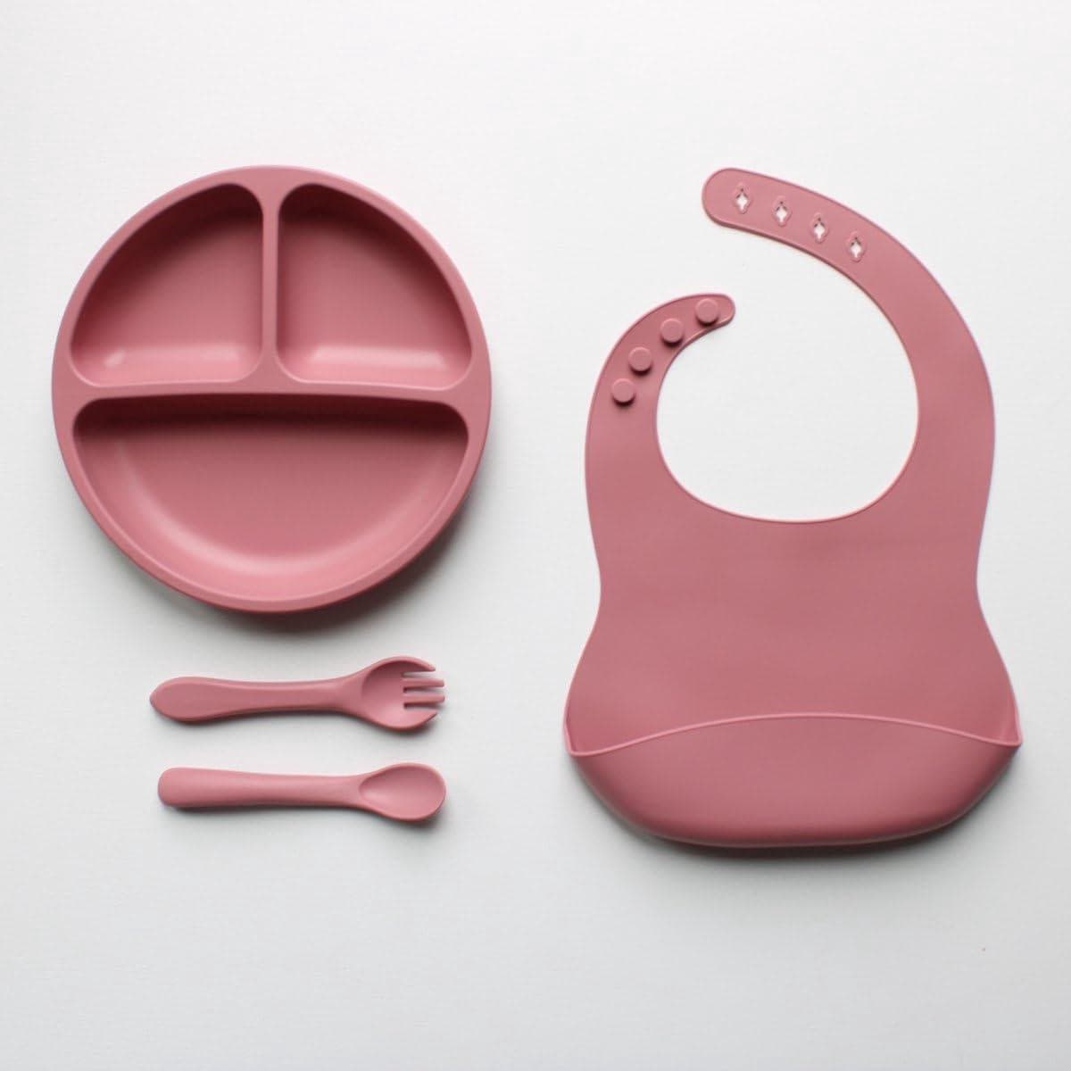 Babyservies 4-delig - Kinder servies - Zelfstandig Eten - Zuignap & Slab - 100% Siliconen - Roze