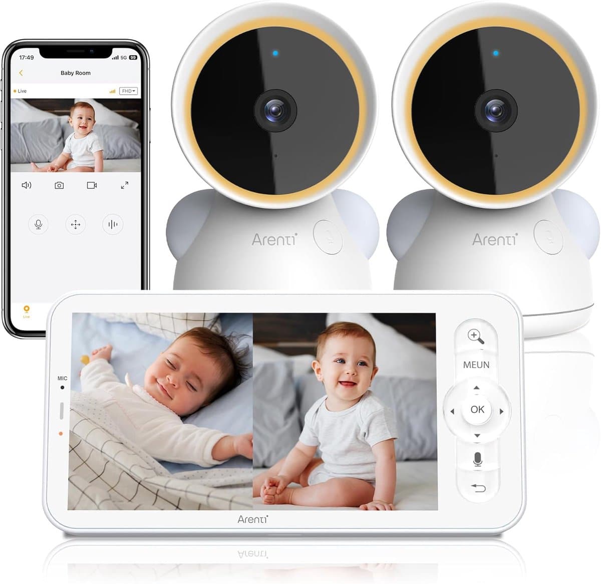 Babyfoon met camera's - Video monitor - Baby in de gaten - 2K HD nachtzicht - 5 inch scherm - Wit