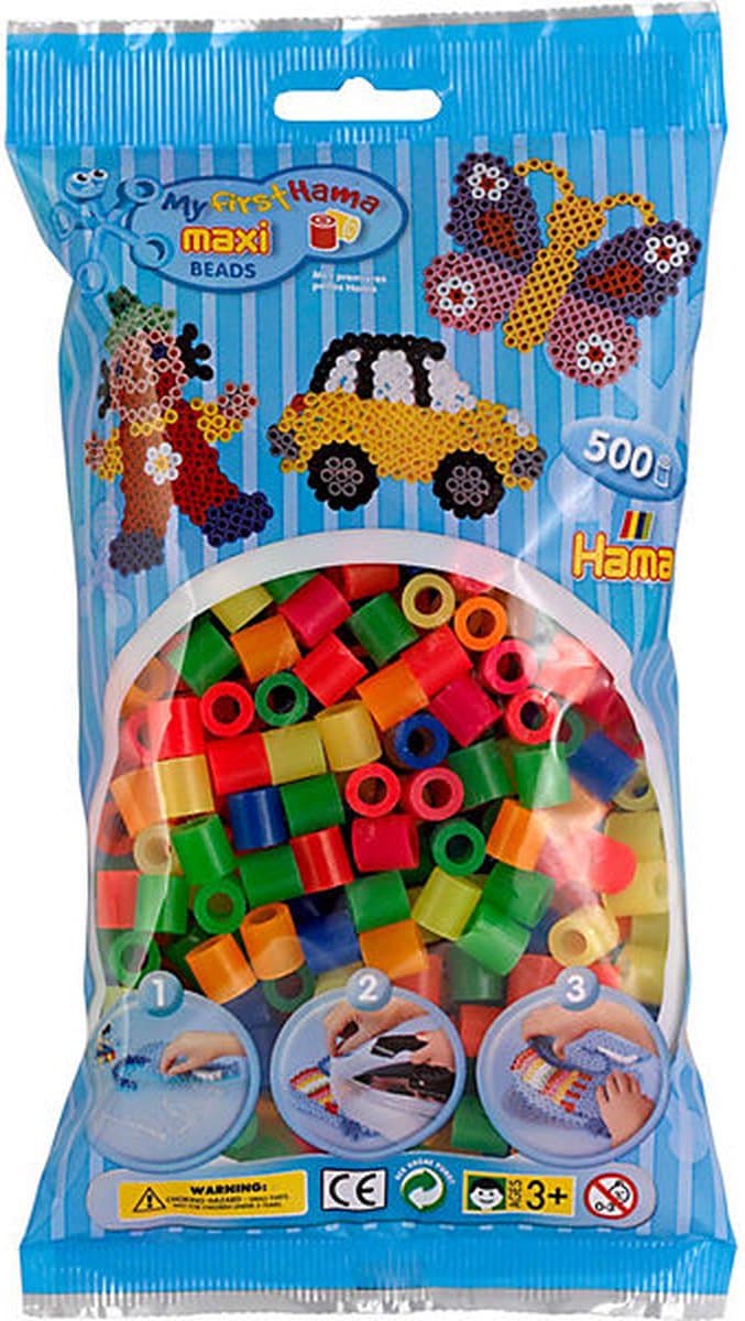 Hama MAXI strijkkralen felle neon kleuren mix (multicolor gemengd fluoriserend), zakje met 500 stuks EXTRA GROTE strijkparels (creatief kralen cadeau voor kleine kinderen / peuters en kleuters)