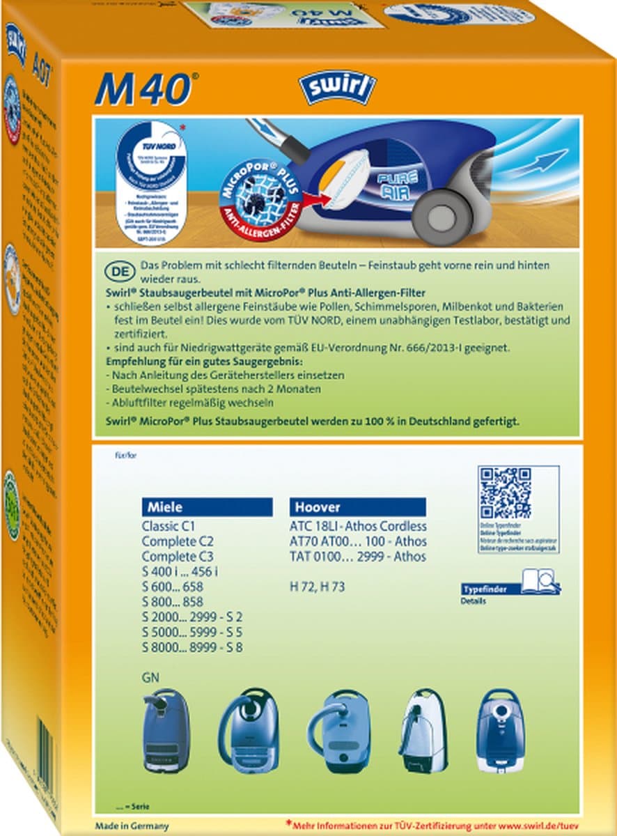 Swirl M40 stofzuigerzakken - 4 stuks + 1 filter - Geschikt voor Miele GN - Classic C1 - Complete C2 - Complete C3 - S2 - S5 - S8