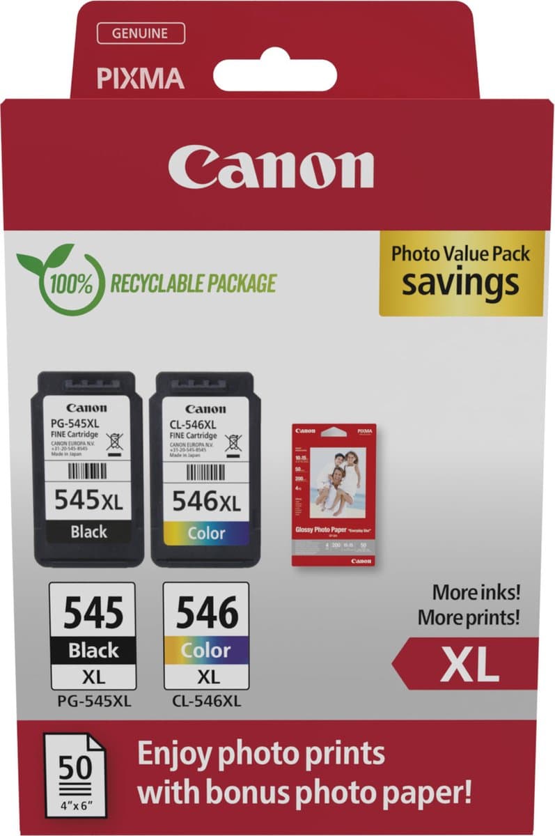 Canon PG-545XL + CL-546XL - Inktcartridge - Hoge capaciteit - 50 sheets fotopapier - Kleur en Zwart