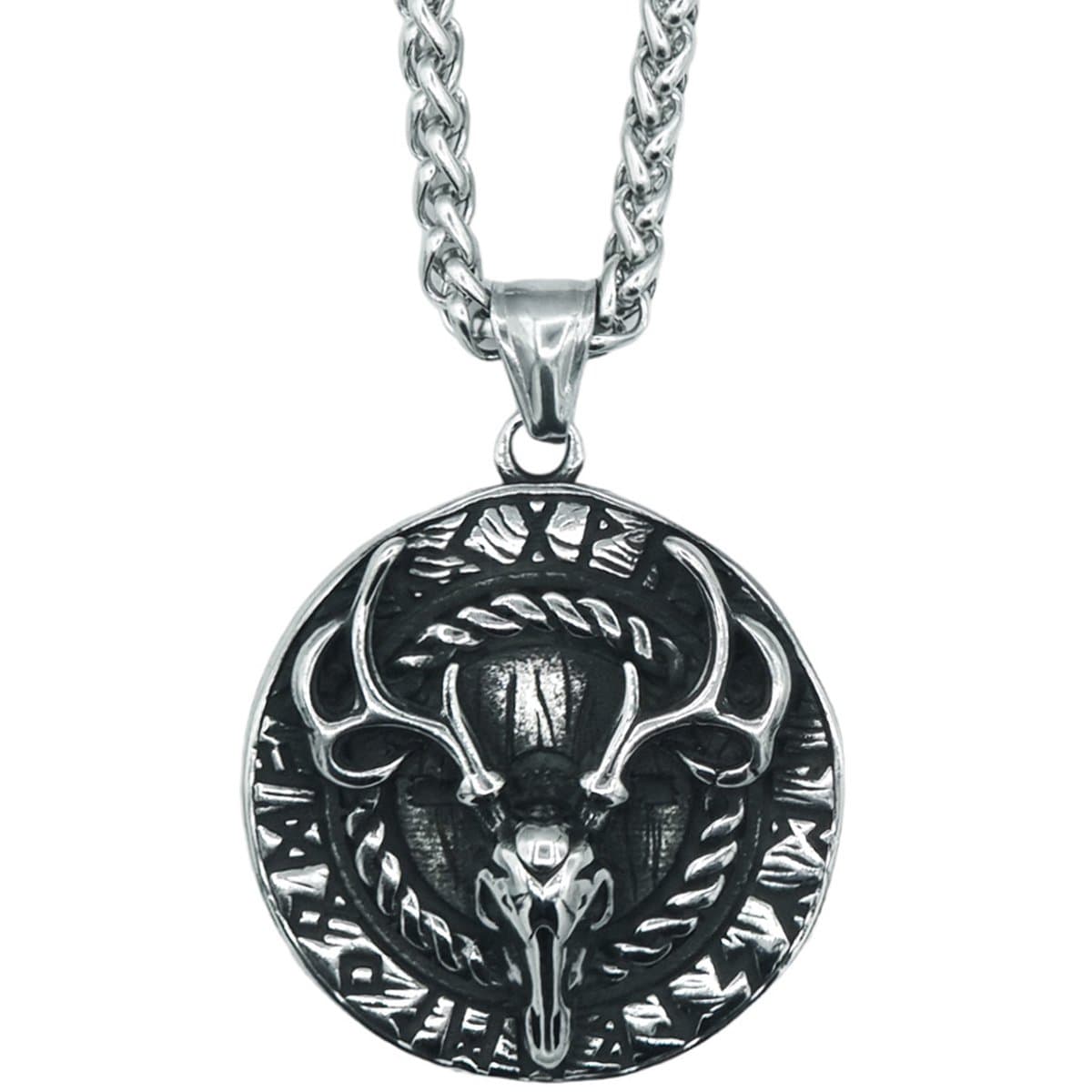 Tesoro Mio Michel - Viking Ketting Schild Met Schedel Hert & Runen – Edelstaal - L 60 cm, B 4 mm - Hanger 4 x 3.6 cm