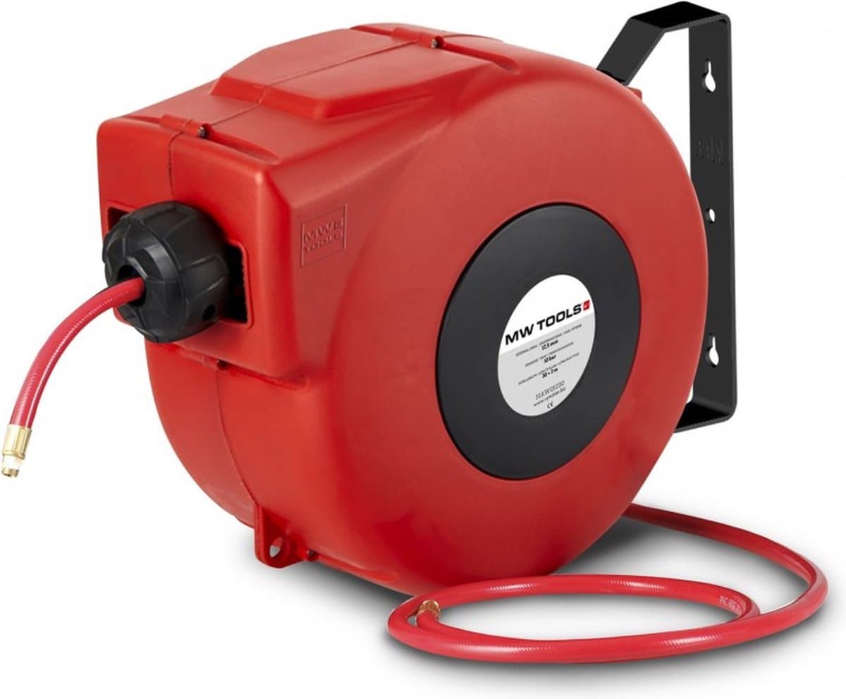 Haspel perslucht 17 m Ø 3/8 10 bar PP met automatische oprol en zwenkbare muurbeugel MW Tools HAL01217CG