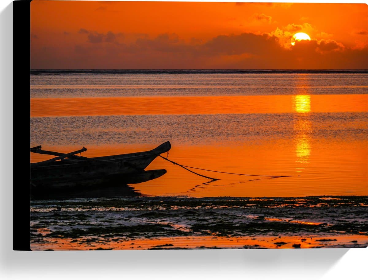 Canvas - Bootje - Water - Zee - Zonsondergang - Oranje - 40x30 cm Foto op Canvas Schilderij (Wanddecoratie op Canvas)