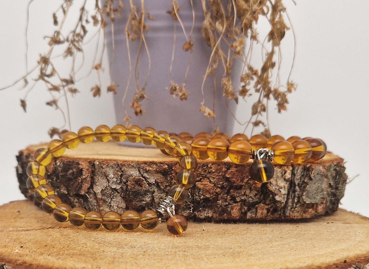 Handgemaakte Fatema natuursteen armband met natuursteen hanger "Citrine " -10 mm diameter van de korrel- Diameter armband 20 cm - Een mooi cadeau voor familie en vrienden