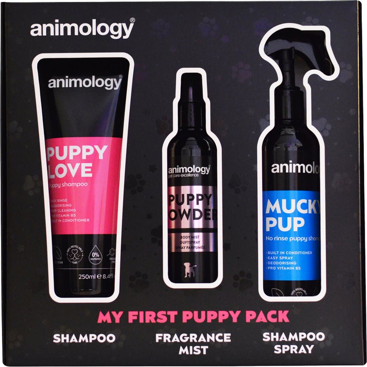 Animology My First Puppy Pack - Driedelige set 250, 150, 250 ml - Hondenshampoo - Droogshampoo - Body mist voor Honden - Verrijkt met conditioner/vitamines - Geschikt voor puppy's vanaf 6 weken - Vegan