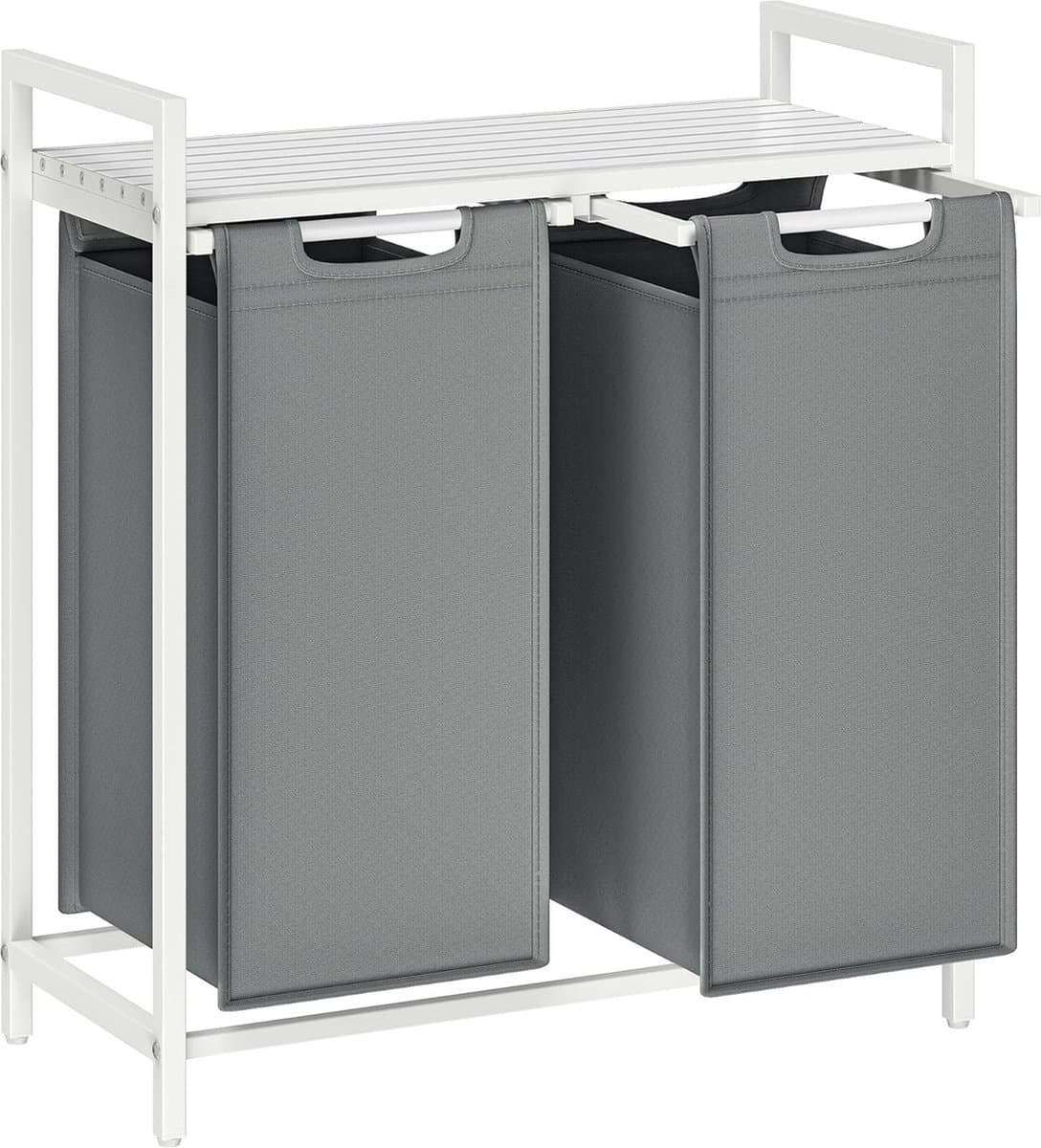 FurnStar - Wasmand - Wasmand met 2 compartimenten - Uittrekbare en verwijderbare waszakken - Wassorteerder - Plank - Metalen frame - 2 x 46L - 73 x 33 x 72 cm - Wit en lichtgrijs