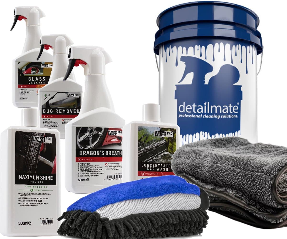 Back to work Valet Pro autowas set bestaande uit Velgenreiniger, shampoo, ruitenreiniger, bandenglans droogdoek 50 x 80 cm en WashMitt. Nu met een kosteloze Detailmate wasemmer 3,5 gallon twv € 14,50