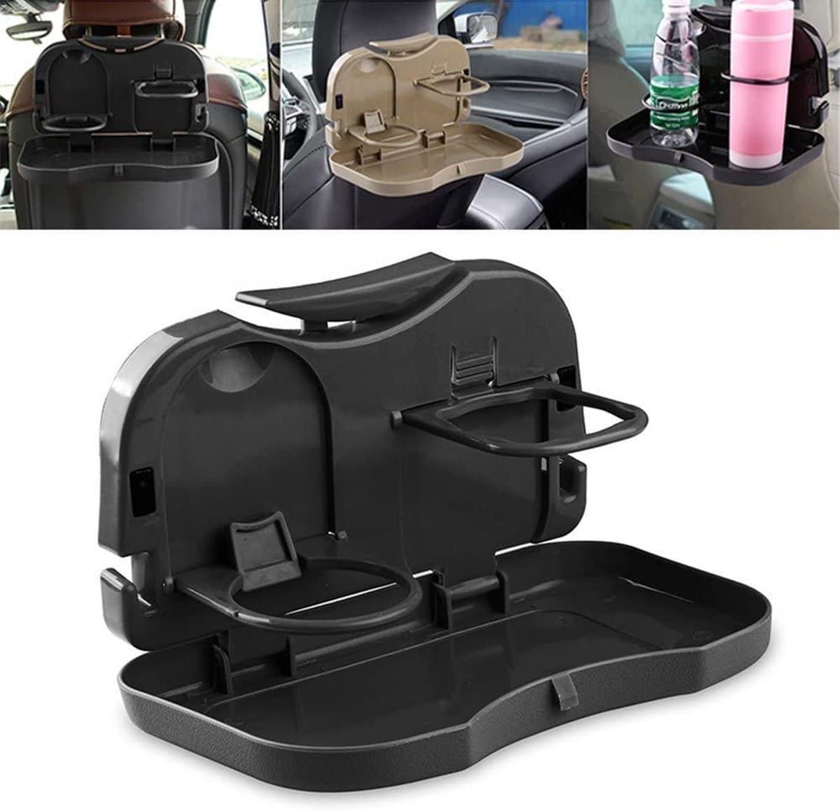 Tafel voor auto achterbank. Opvouwbaar voor drankjes en maaltijden in de auto, auto achterbank organizer met opklapbare eettafel, op achterbank, te bevestigen met bekerhouder - Zwart