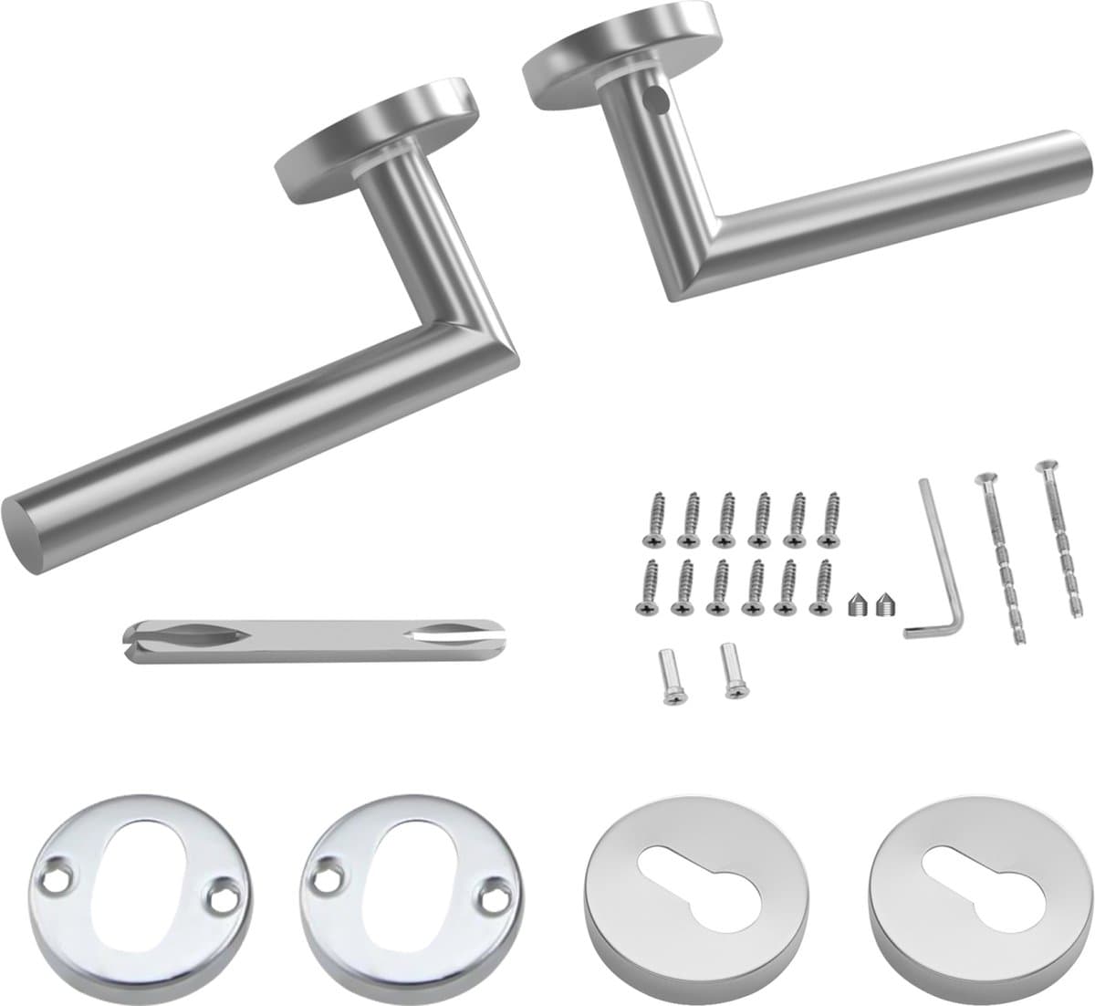 Intirilife Deurklinkset met schroeven - Dubbelzijdige zilverkleurige roestvrijstalen deurklinken voor een deur - Deurklinkset voor elk type binnendeuren - Deurbeslag