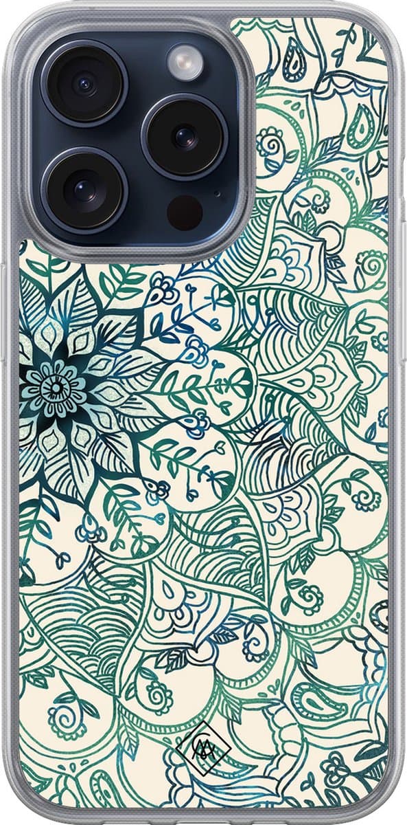Casimoda® hoesje - Geschikt voor iPhone 15 Pro - Mandala Blauw - 2-in-1 case - Schokbestendig - Geometrisch patroon - Verhoogde randen - Blauw, Transparant