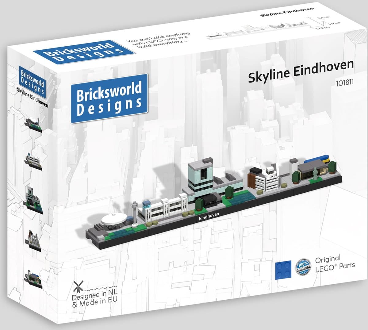 Bricksworld BOC-SKY-EIN Architectuur Skyline Eindhoven (NL) modules Evoluon, Klokgebouw, TU/e, Lichttoren & Station. Samengesteld uit originele nieuwe LEGO® onderdelen.