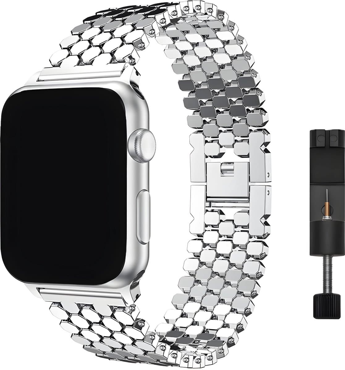 Innerlight® Hexagon+ - Zilver - 38/40/41mm - Metalen bandje geschikt voor Apple Watch - Schakel Armband RVS - Stainless Steel Watch Band - Geschikt als Apple Watch bandje voor Series 1/2/3/4/5/6/7/8/9/10 42mm/11 42mm/SE