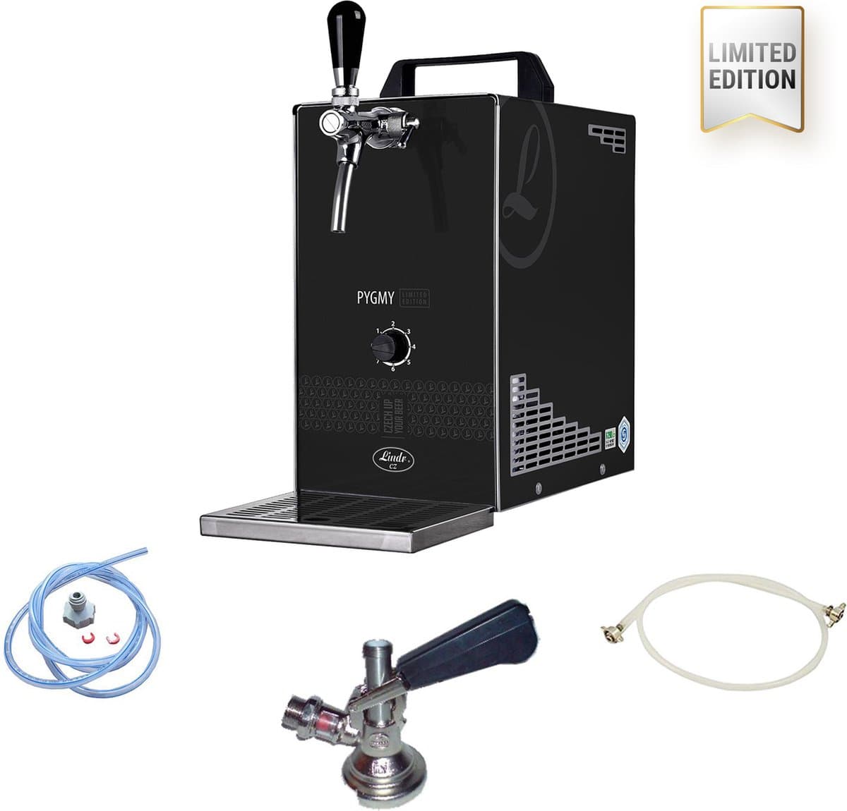 Complete set, Biertap, PYGMY 25/K LIMITED EDITION, met membraanpomp, 1-kraans roestvrijstalen droogkoeler, 35 liter/u - Biertap, Beertender, Thuistap, Bierkoeler, Green Line, KEG: NC adapter