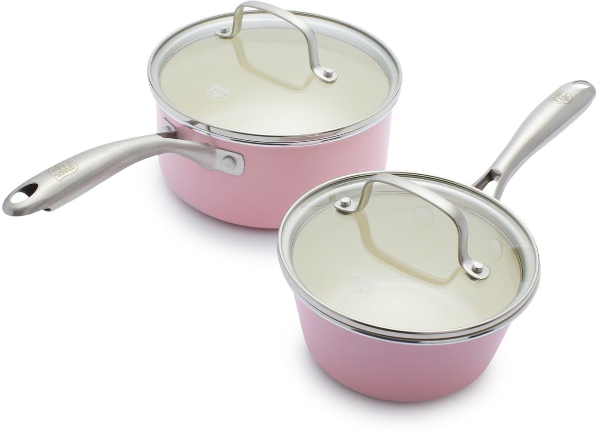 GreenLife Artisan Steelpannenset 4-delig - 1.1/1.9L - PFAS-vrije antikleeflaag - Pannenset inductie - Keramische pan - Ovenbestendig tot 220°C - Met glazen deksel - Roze