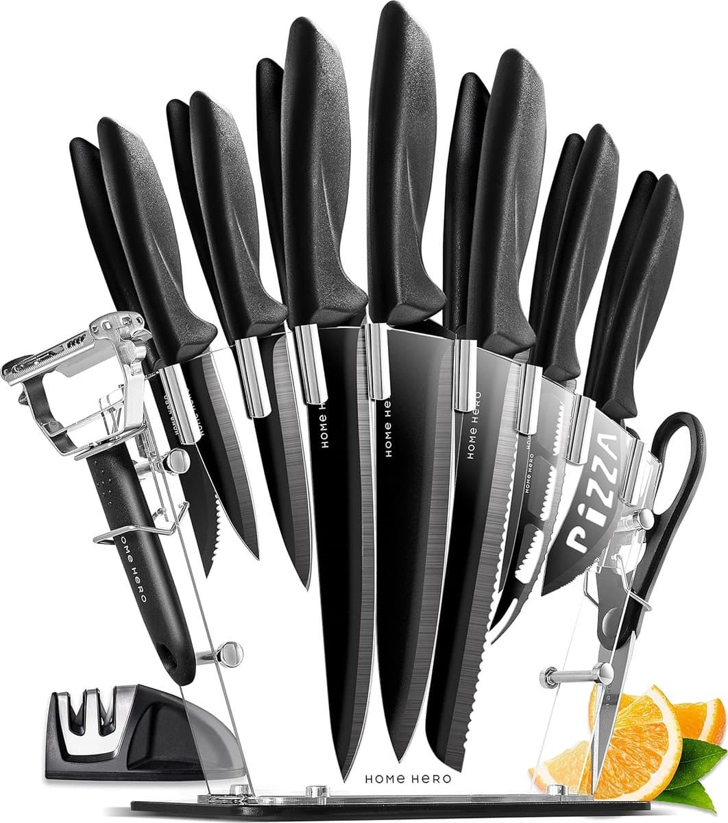 17-delige Keukenmessenset met Messenblok Acryl - Professionele Rvs Keuken Messenset met Blok, Kokmessen Set, 6 Steakmessen, Messenslijper, Dunschiller, Schaar