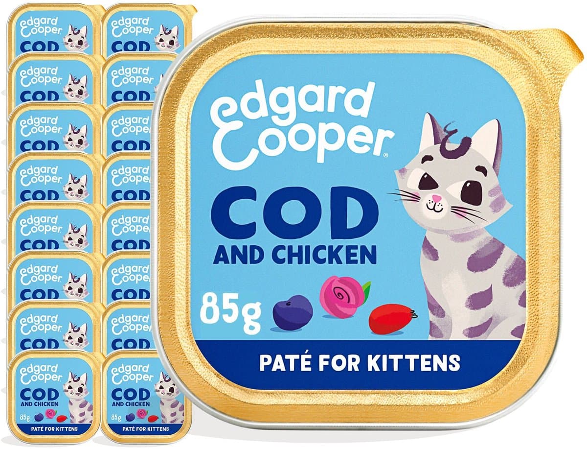 Edgard & Cooper Kattenvoer Graanvrij Natvoer voor Katten Junior Gesteriliseerde of Actieve Kitten Kat Natuurlijke Heerlijke Paté 85g x 16 Verse Kabeljauw & Kip, Smakelijk en Uitgebalanceerd, Vers Vlees